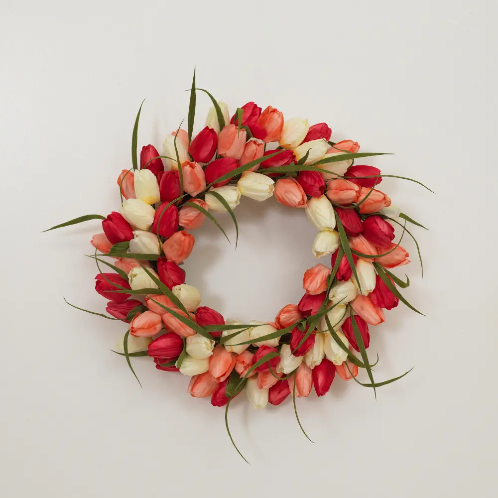 20 Inch Red and Pink Faux Tulip Wreath Arrangement-1