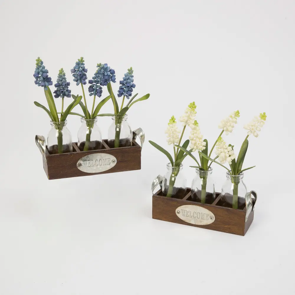Assorted Faux Hyacinthus Arrangement in Bottles with Basket-1