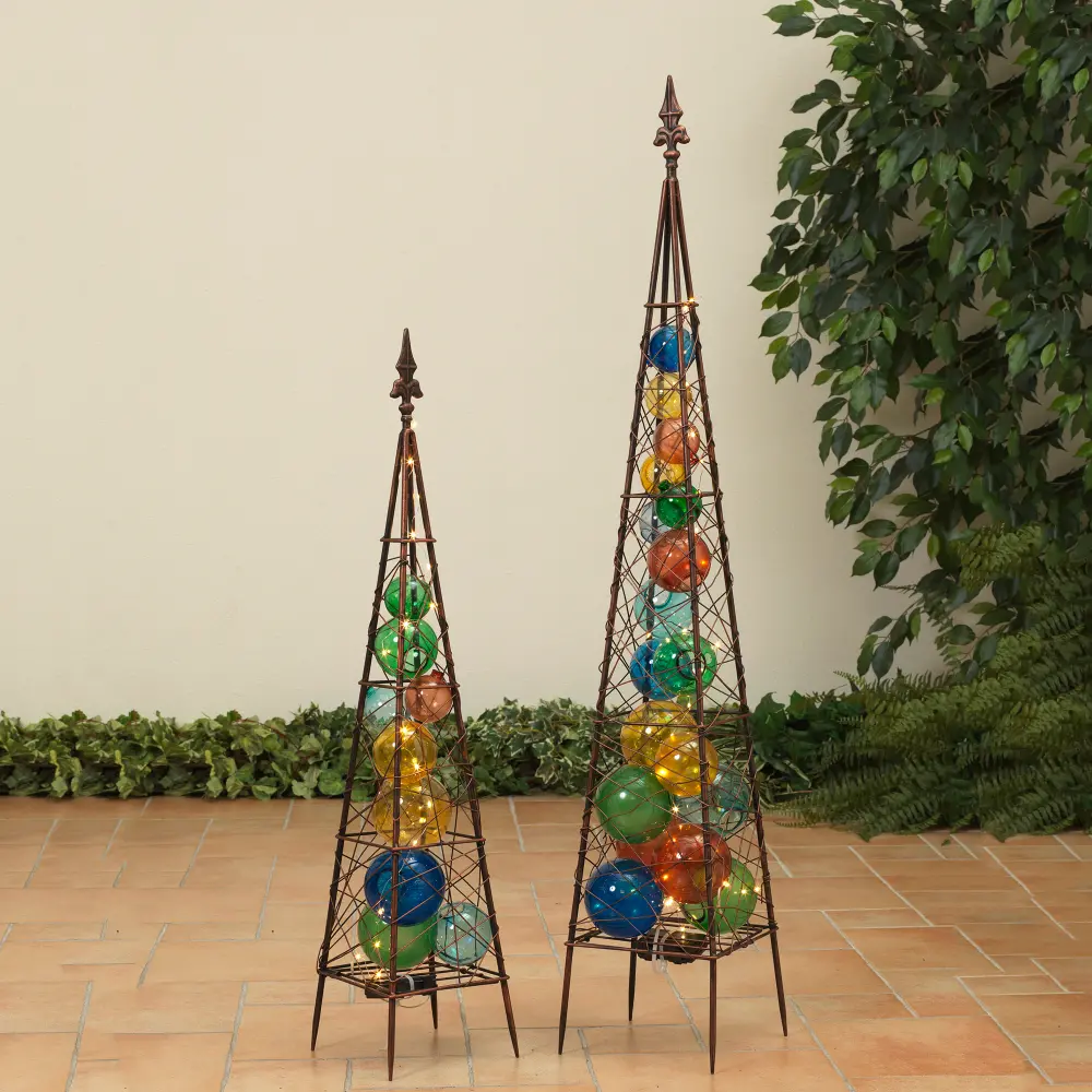 Multi Color Metal Garden Obelisk with Lights and Glass Balls - Set of 2-1