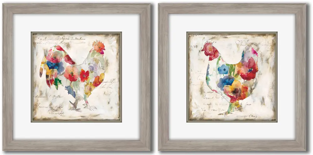 Assorted Multi Color Flowered Rooster Framed Wall Art-1