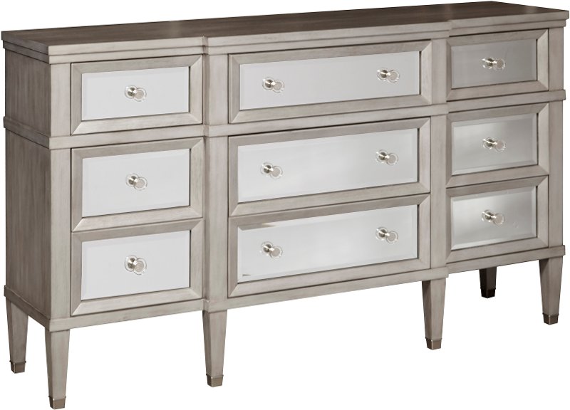 Contemporary Silver Mirrored Dresser, Wood And Mirrored Dresser