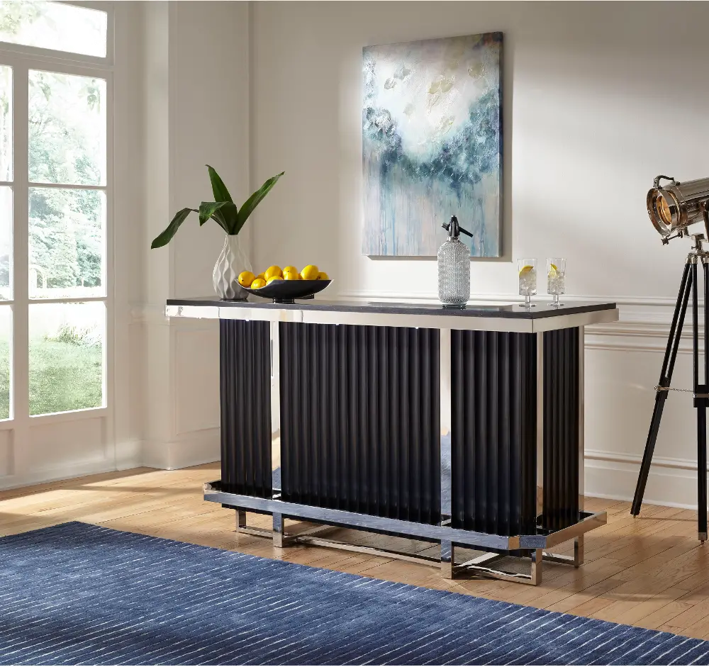 Black and Chrome Bar Cabinet with Stone Top - Modern Eclectic-1