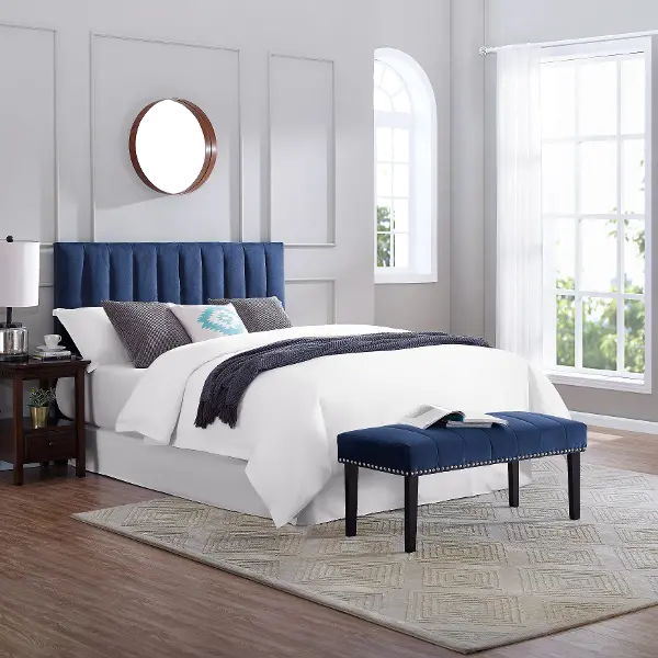 Modern Eclectic Blue Queen Upholstered Headboard And Bench Set Rc Willey Channeled Upholstered Full Queen Headboard And Bench Set In Sapphire Blue, What Size Bench For 78 Inch Tablet Samsung