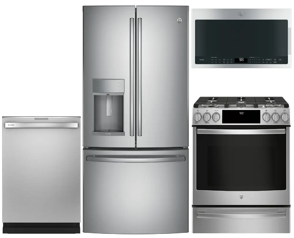 KIT GE Profile 4 Piece Gas Appliance Package with French Door Refrigerator - Stainless Steel-1
