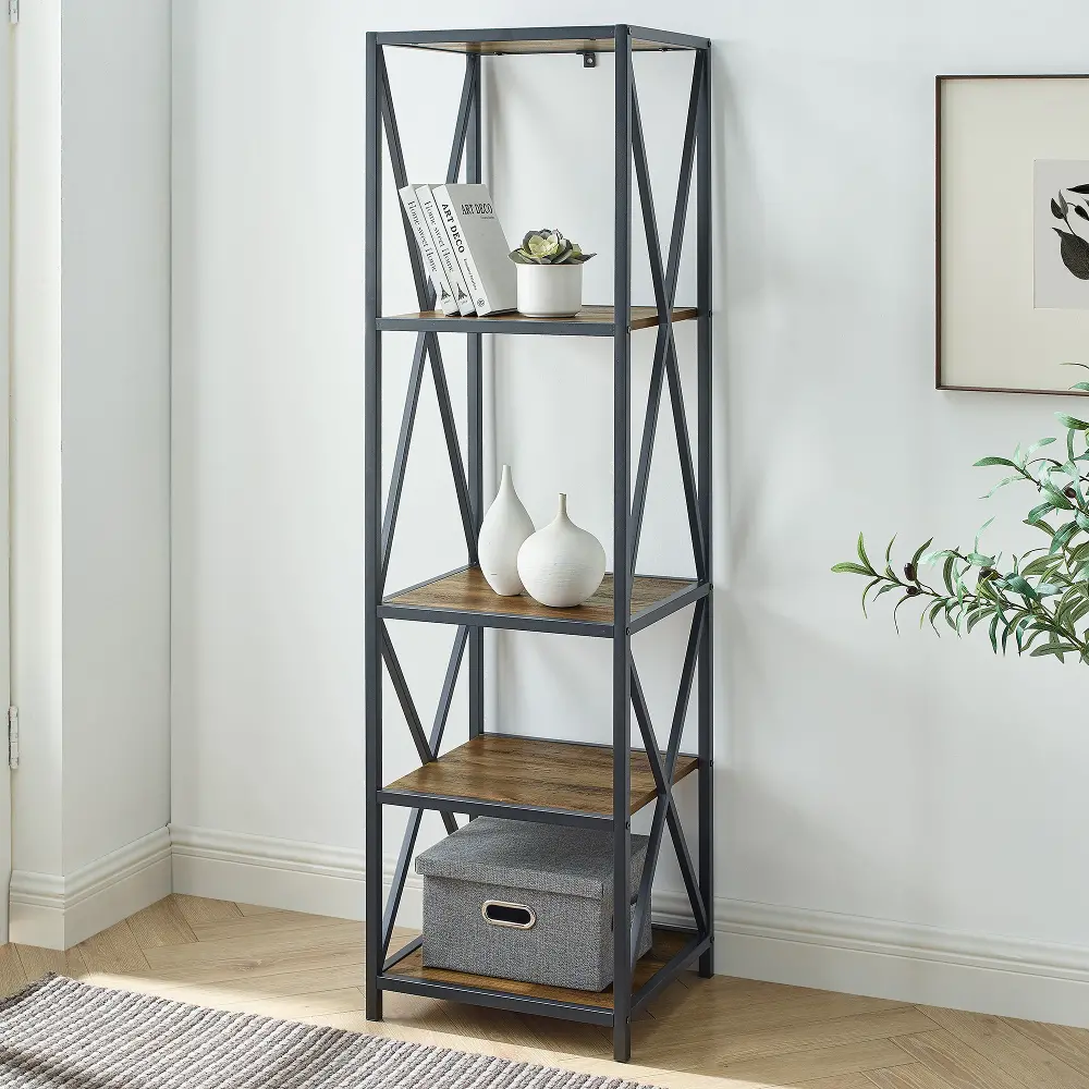 BST18XMWRO Industrial 61 inch Oak and Metal Bookcase - X-Frame-1