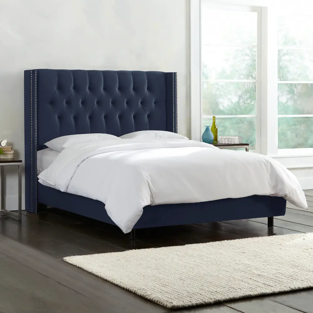 140NBBED-PWMSTECL Dark Blue Diamond Tufted Wingback Upholstered Twin Bed-1
