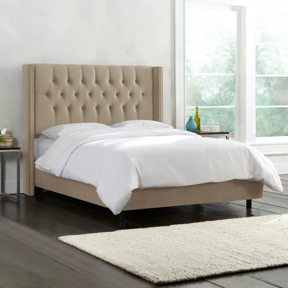 140NBBED-PWMSTMND Beige Tufted Wingback Twin Upholstered Bed-1