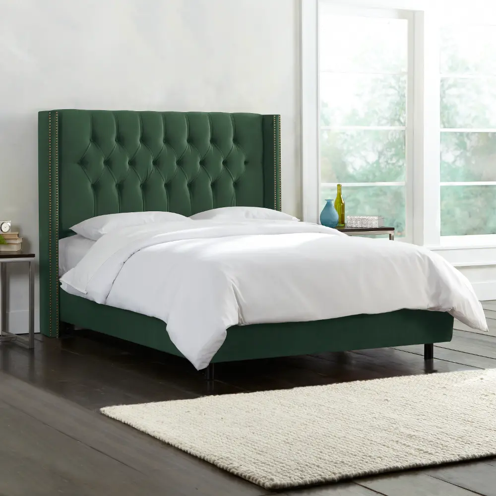 142NBBED-PWMSTJD Abigail Green Diamond Tufted Wingback Queen Bed - Skyline Furniture-1