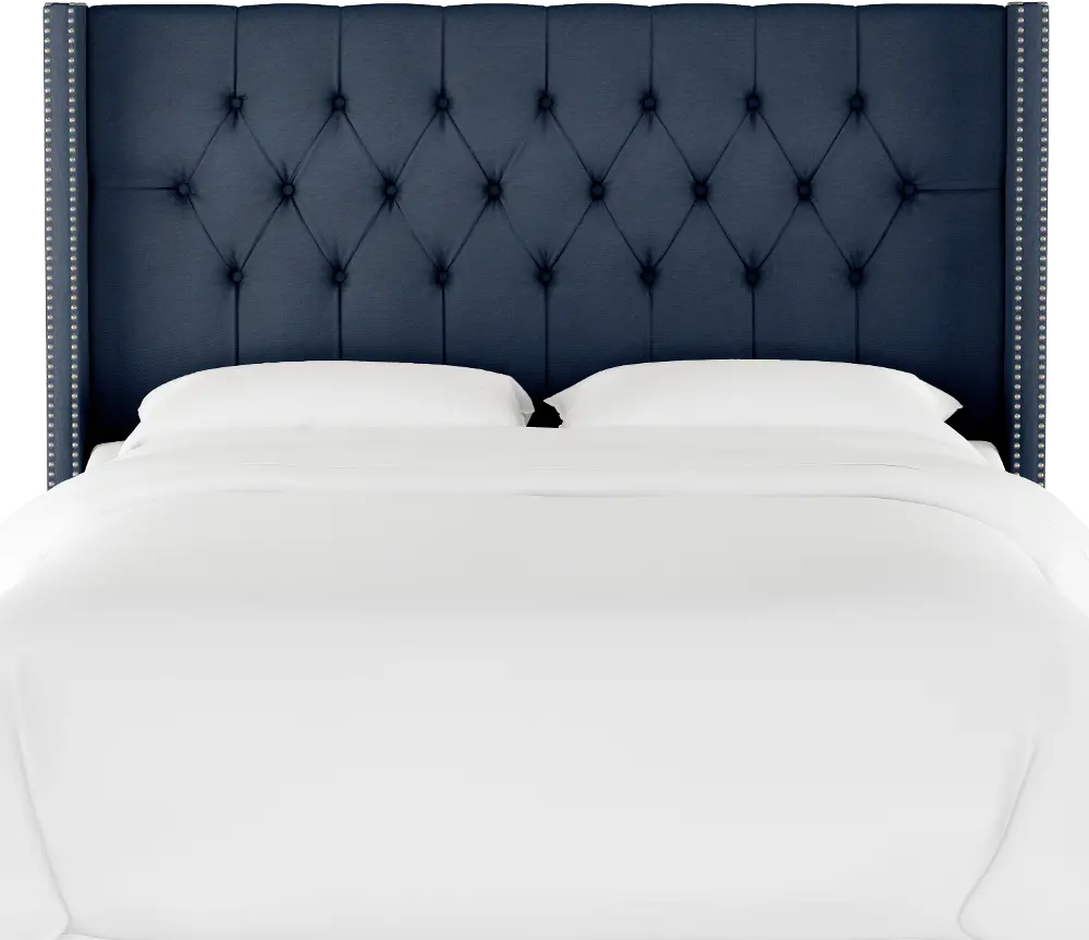 142NB-PWMSTECL Dark Blue Tufted Wingback Queen Upholstered Headboard-1