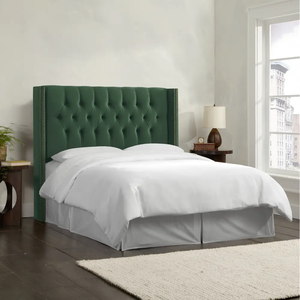 142NB-PWMSTJD Abigail Green Diamond Tufted Wingback Queen Headboard - Skyline Furniture-1