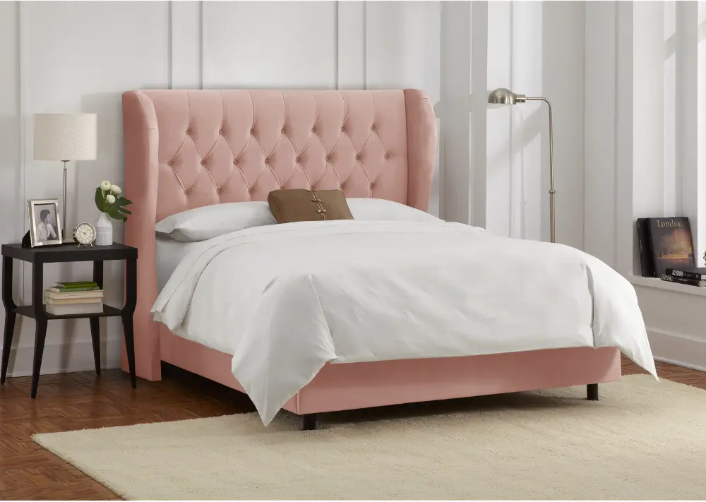410BEDVLVTBLSH Blush Pink Velvet Wingback Twin Upholstered Bed-1