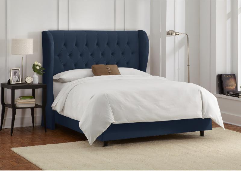 Ink Blue Velvet Wingback Full, Chambers Dual Storage Queen Bed