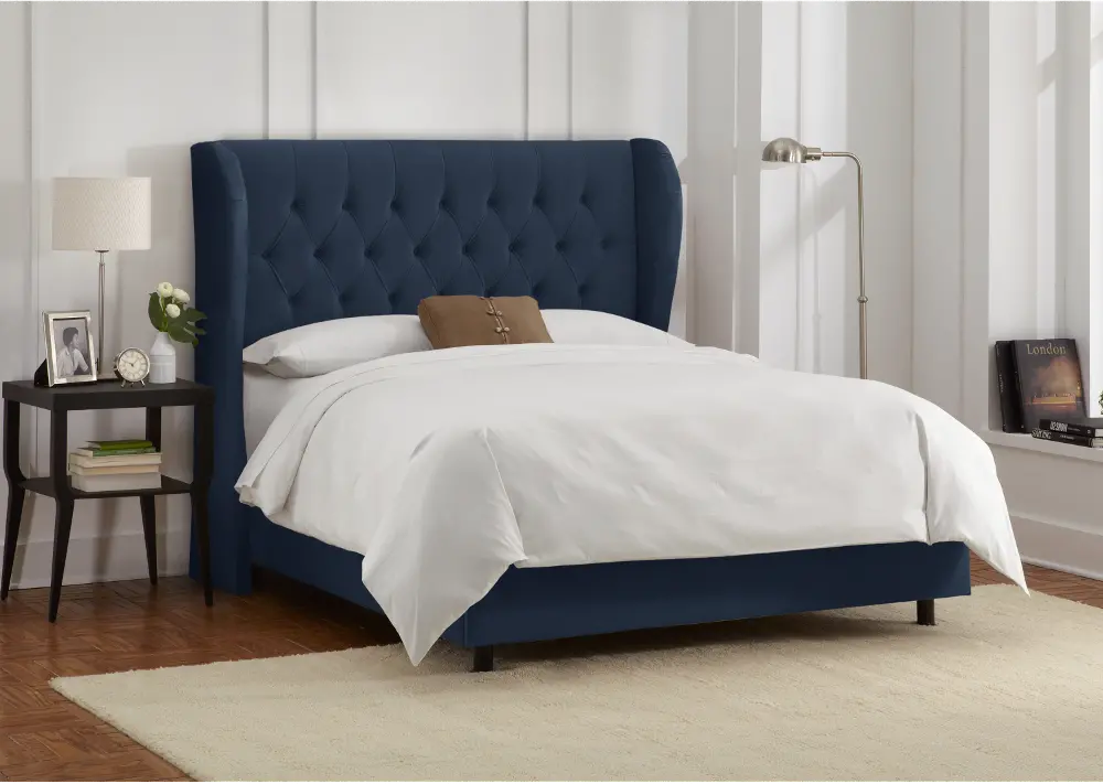 413BEDVLVINK Ink Blue Velvet Wingback King Upholstered Bed-1