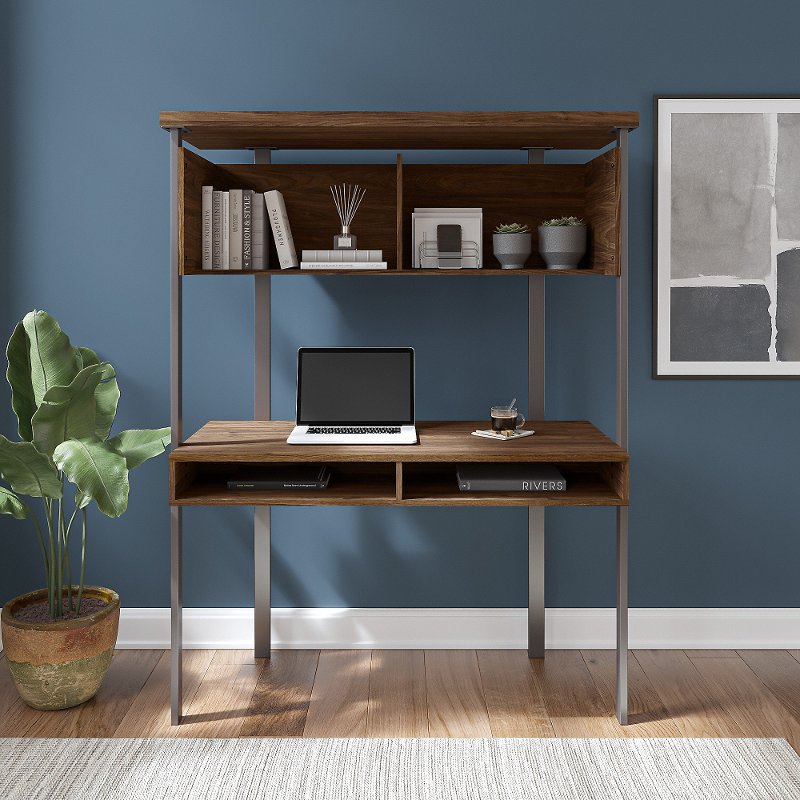 Walnut Small Computer Desk With Hutch, Compact Computer Desk With Shelves