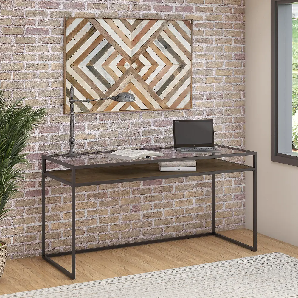 ATD160RB-03 Rustic Brown 60 Inch Glass Top Writing Desk with Shelf - Anthropology-1