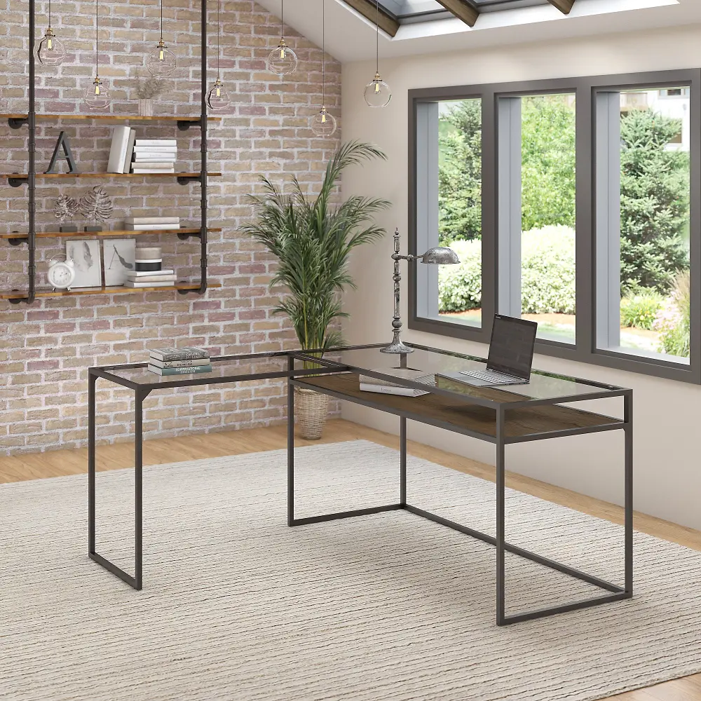 ATD260RB-03K Anthropology Brown 60  Glass Top L Shaped Desk with Shelf-1