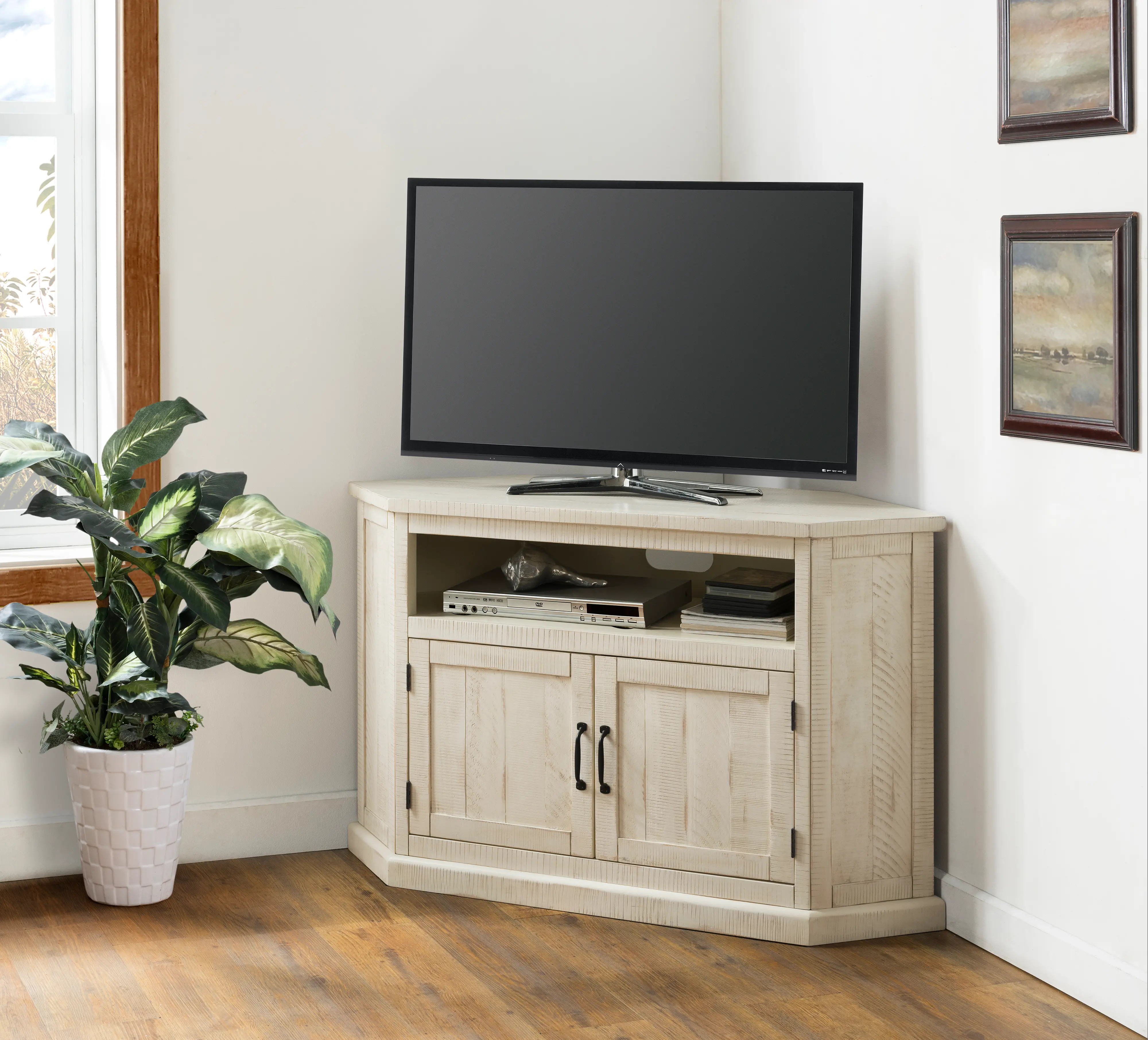 90973 Antique White Country Corner TV Stand sku 90973