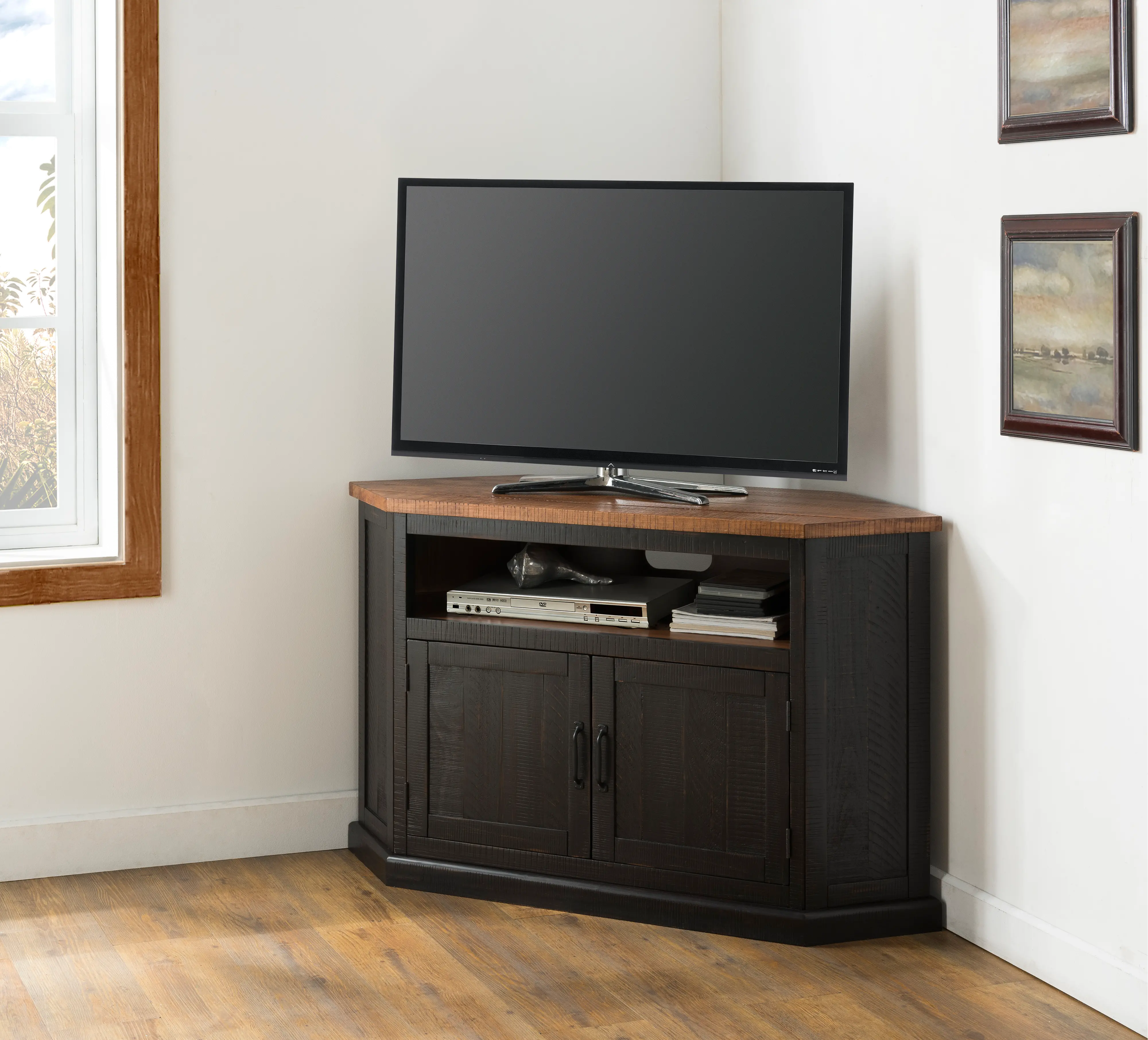 Black and Honey Pine Corner TV Stand