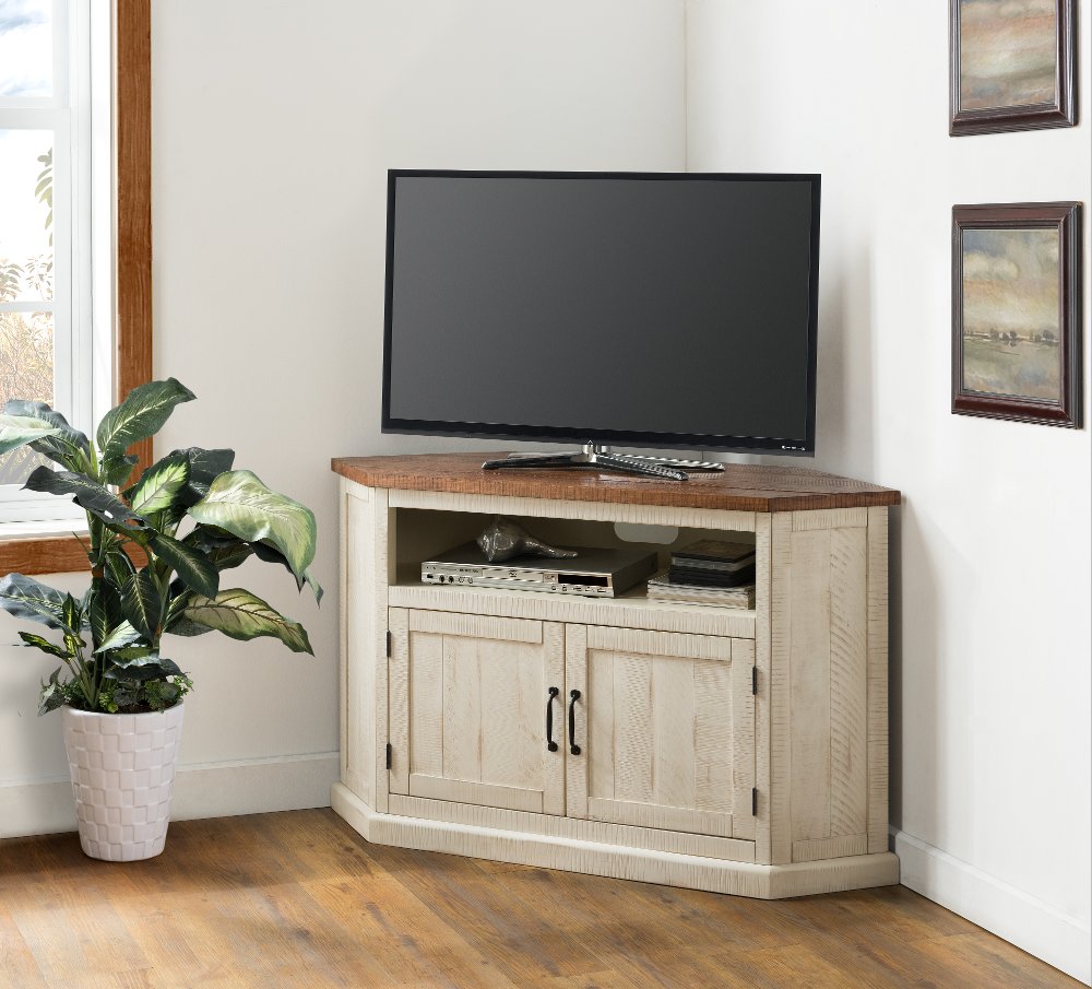 Antique White and Pine Corner TV Stand