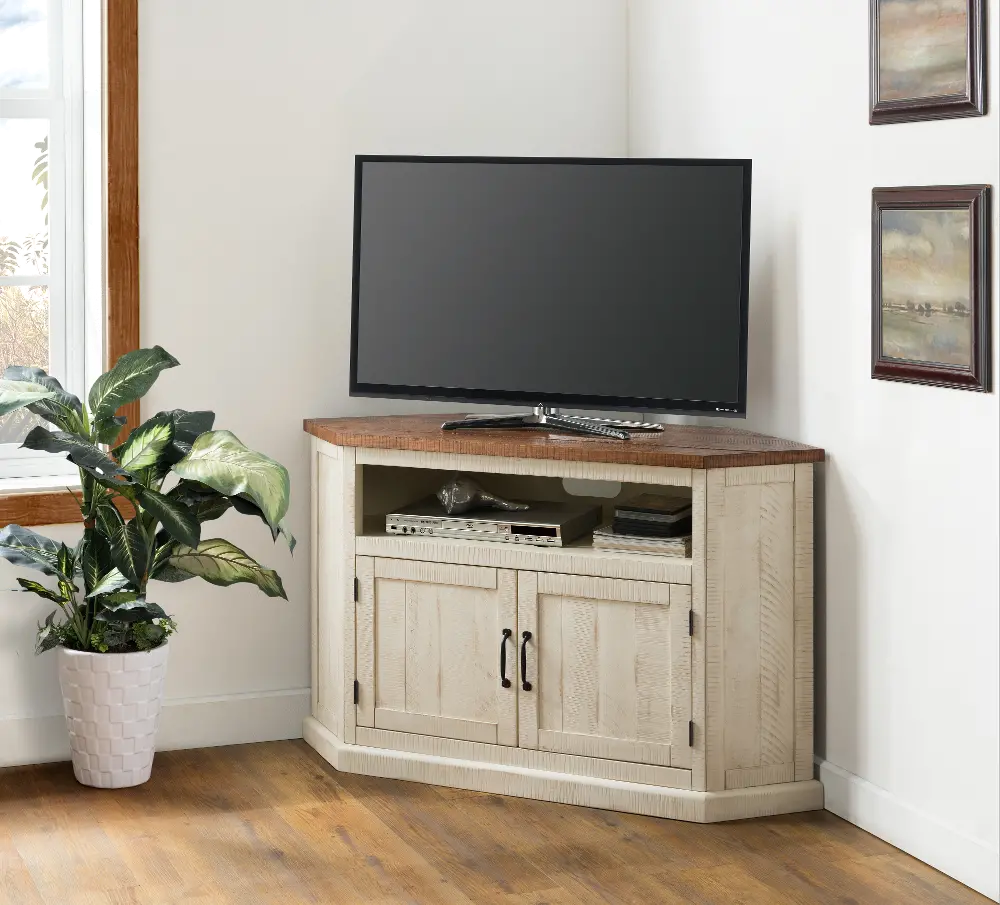 Antique White and Pine Corner TV Stand-1