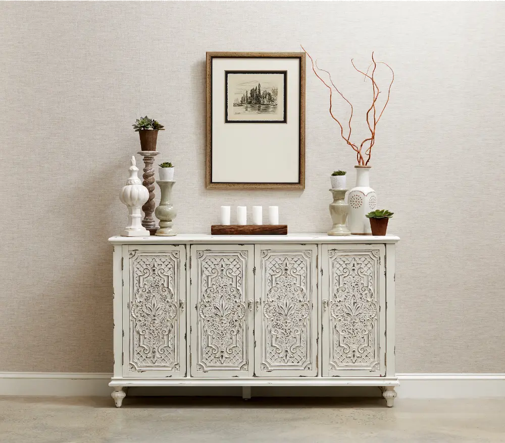 Ornate Antique White 60 Inch White 4 Door Console - Modern Eclectic-1