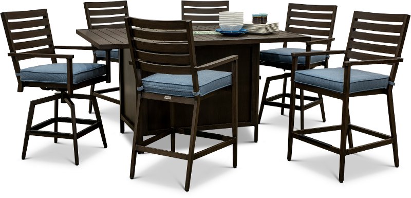 7 Piece Patio Fire Pit Dining Table, Counter Height Bistro Table And Chairs Outdoor
