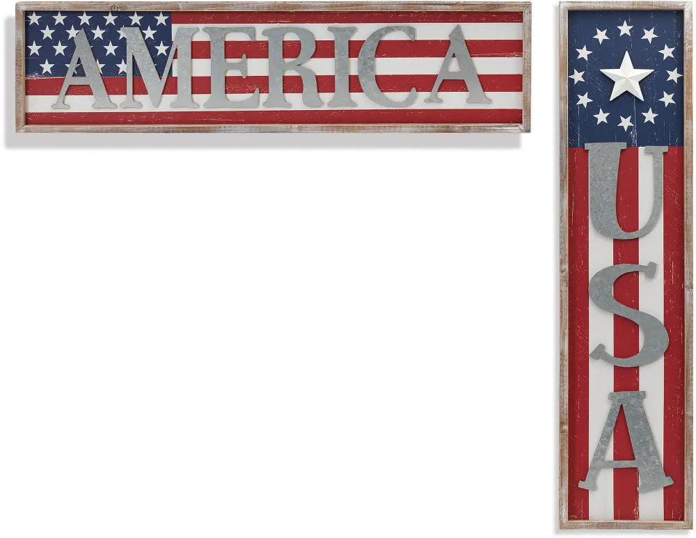 Assorted Red, White and Blue Wood and Metal America Sign-1