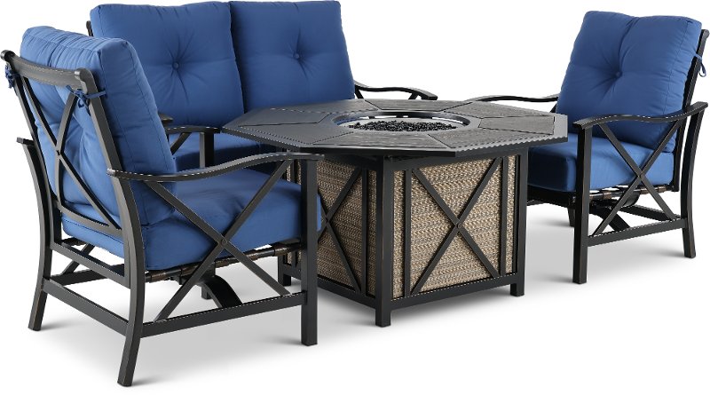 Denim Blue 4 Piece Round Fire Pit Patio Group Denison Rc Willey - Outdoor Dining Furniture With Fire Pit