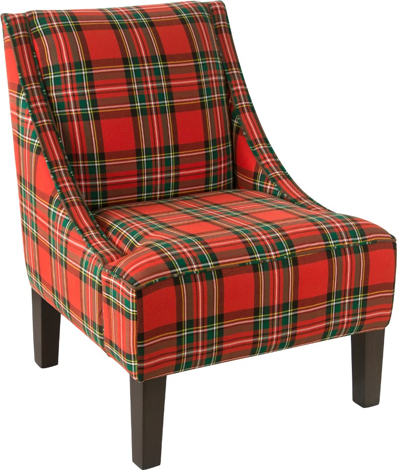 Contemporary Red Plaid Swoop Arm Chair, Red Accent Chairs With Arms