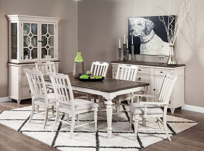 Farmhouse White And Gray 5 Piece Dining, Dining Room Set With White Chairs