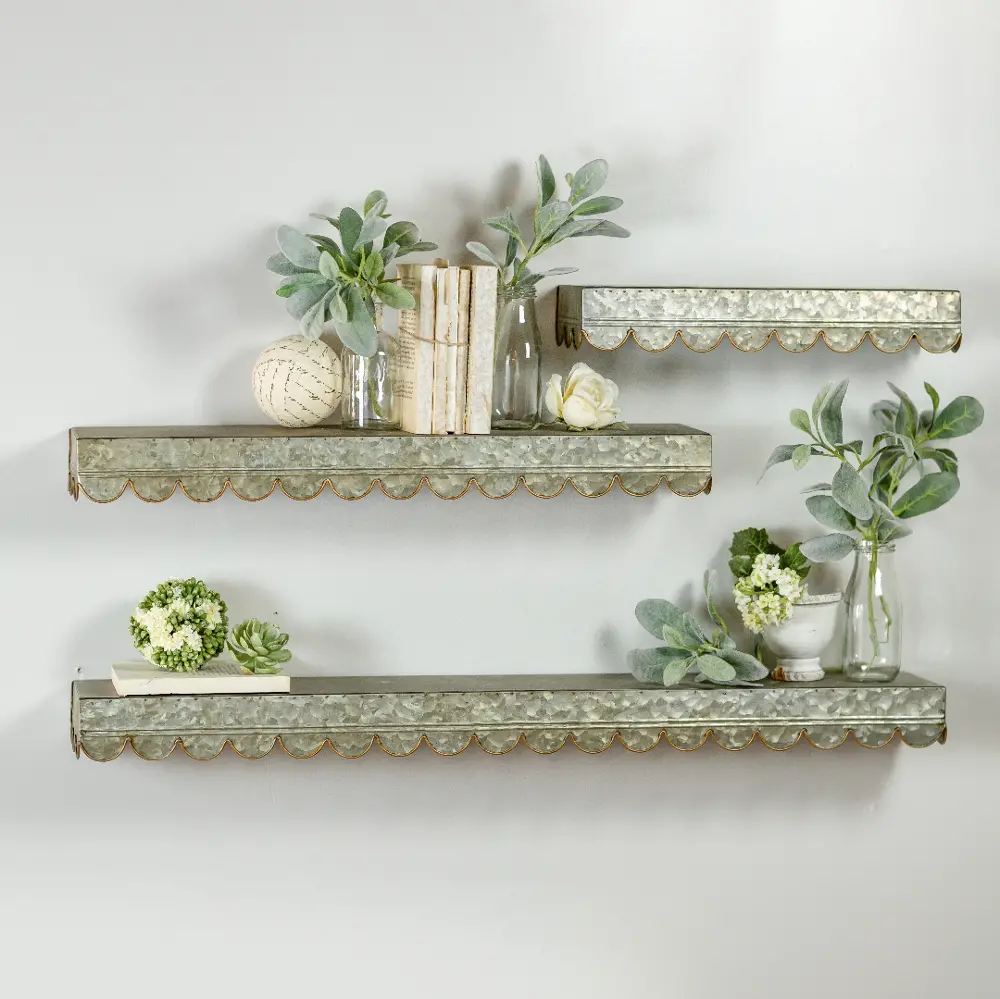 Galvanized Metal Wall Shelves with Scalloped Detailing - Set of 3-1