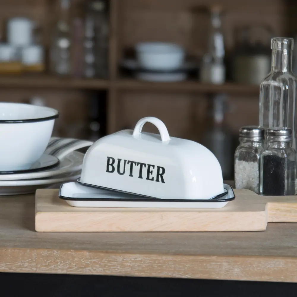 White Enamel Butter Dish with Black Lettering-1