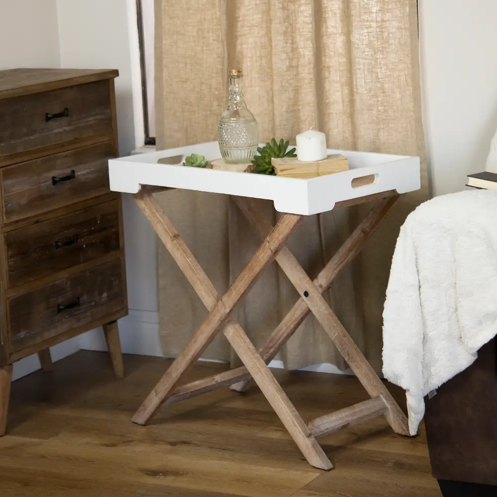 White and Light Brown Wooden Accent Tray Table-1