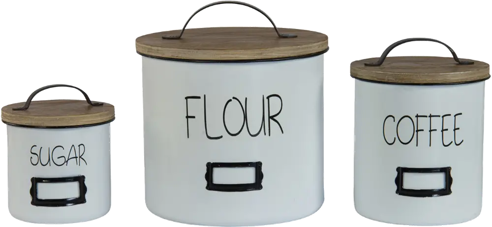 7 Inch White Metal Flour Canister with Wood Lid-1