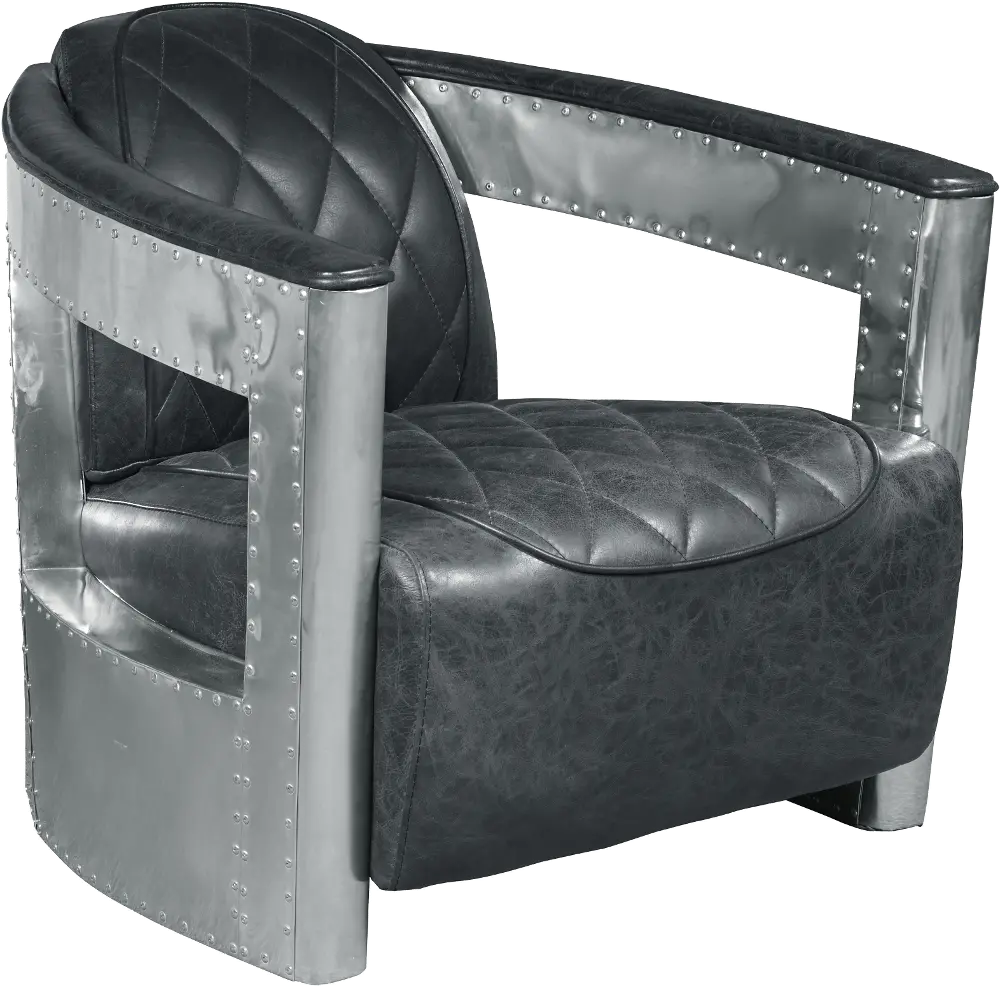 Black Leather Aviation Chair with Riveted Metal Frame - Modern Eclectic-1
