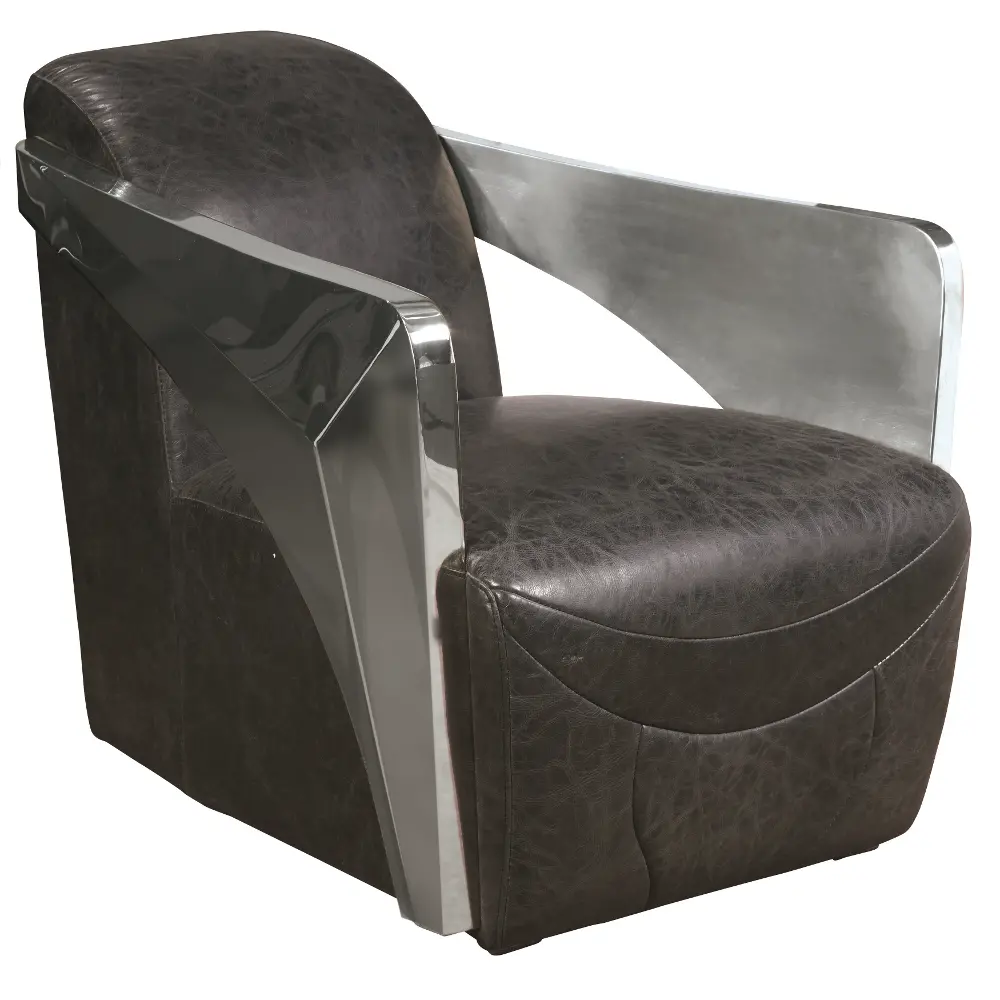 Black Top Grain Leather Accent Chair with Stainless Steel Arms - Modern Eclectic-1