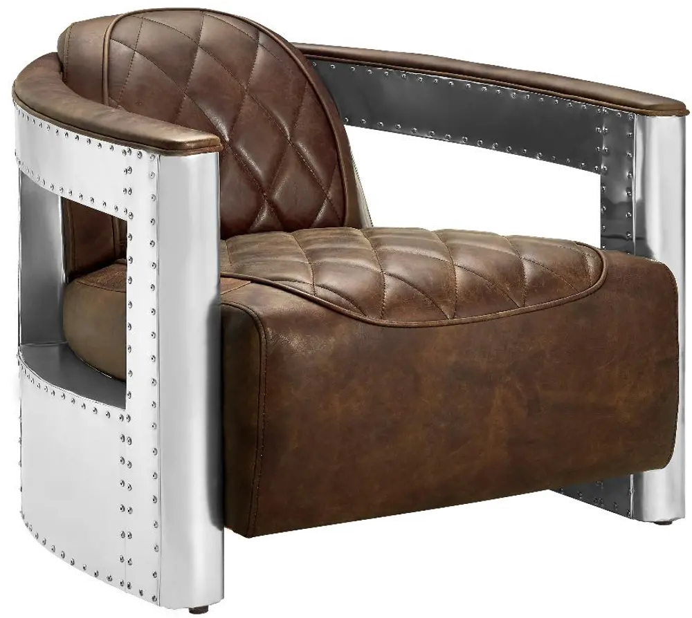 Modern Eclectic Brown Leather Aviation Chair with Riveted Metal Frame-1