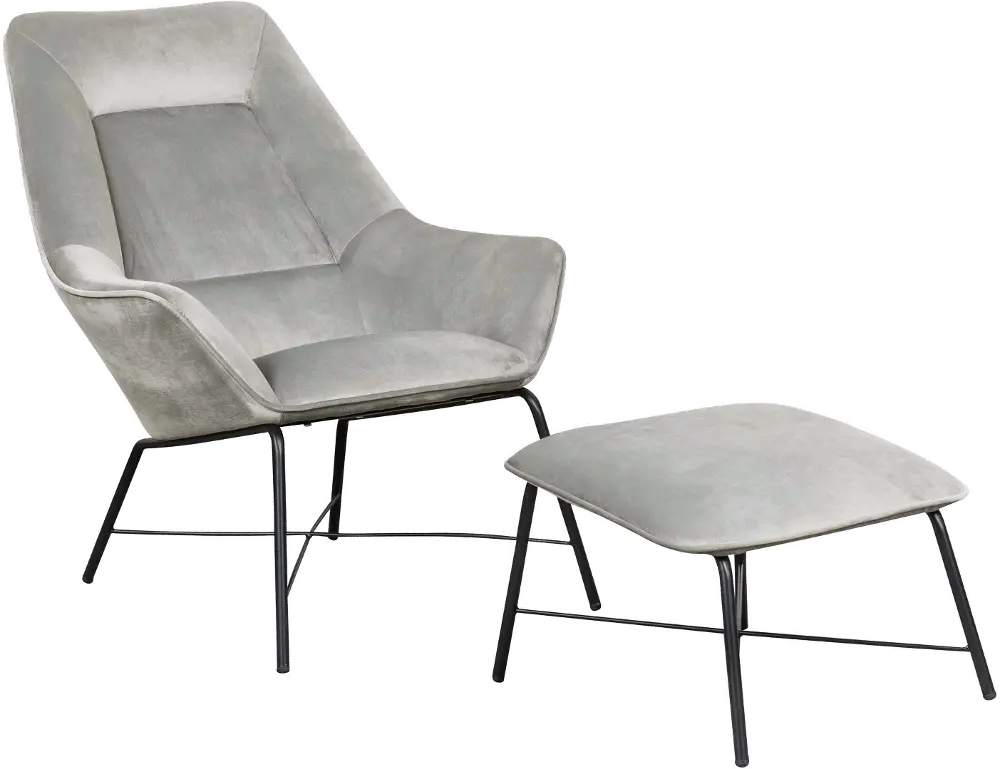 Modern Eclectic Contemporary Silver Velvet Accent Chair and Ottoman-1