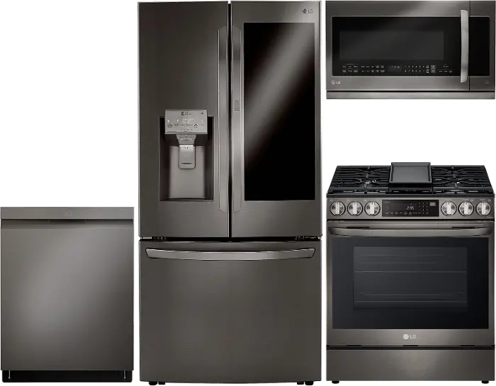 LG 4 Piece Gas Kitchen Appliance Package with 23.5 cu. ft. Smart  Refrigerator - Black Stainless Steel | RC Willey