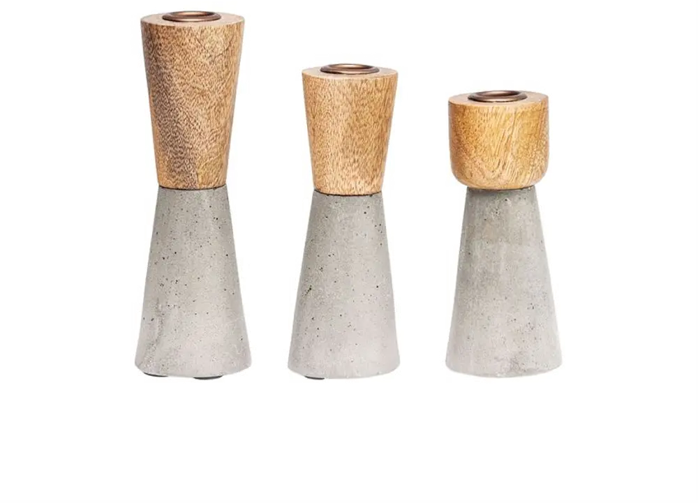 AH0365-S/3-SET 3 Piece Brown Mango Wood and Gray Cement Candle Holder Set-1