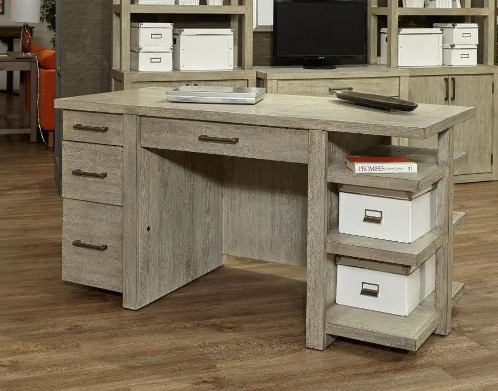Linen Oak Gray 60 Inch Desk with Shelving - Platinum-1
