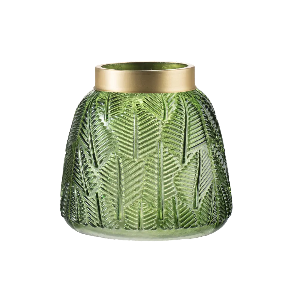 5 Inch Green Etched Leaf Glass Vase-1