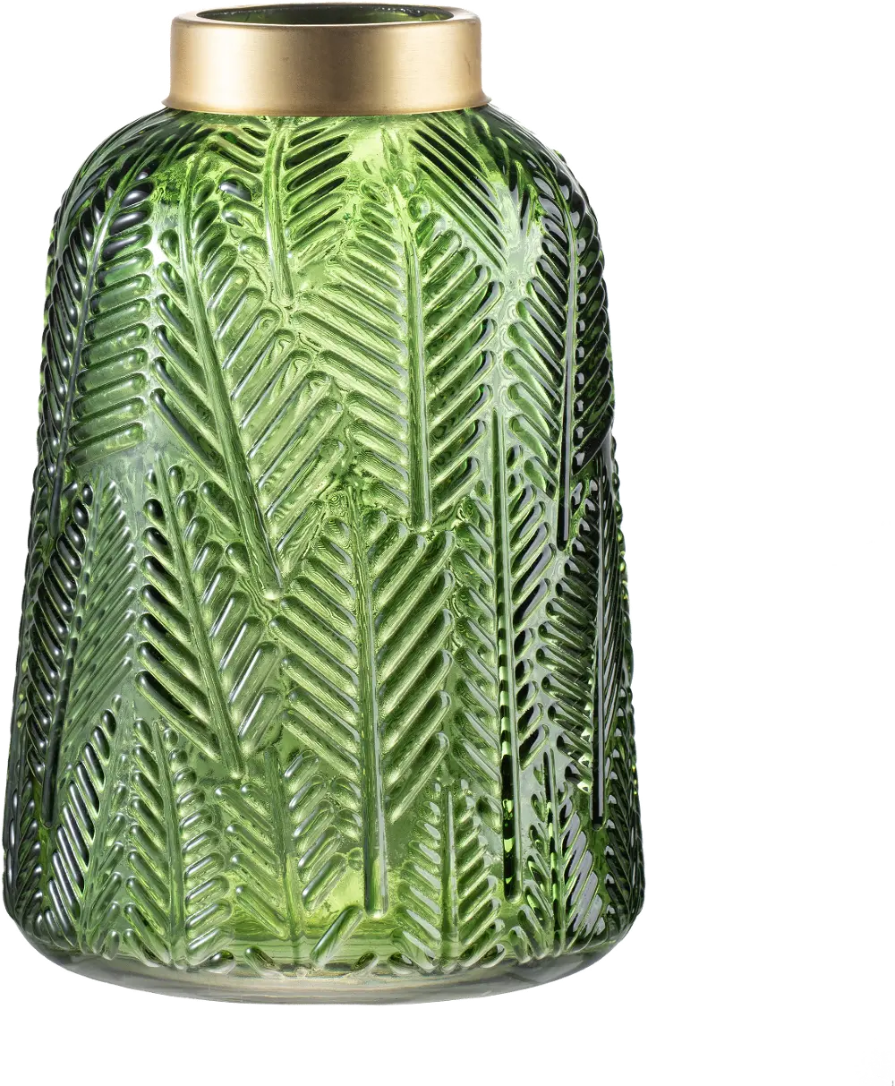 9 Inch Green Etched Leaf Glass Vase-1