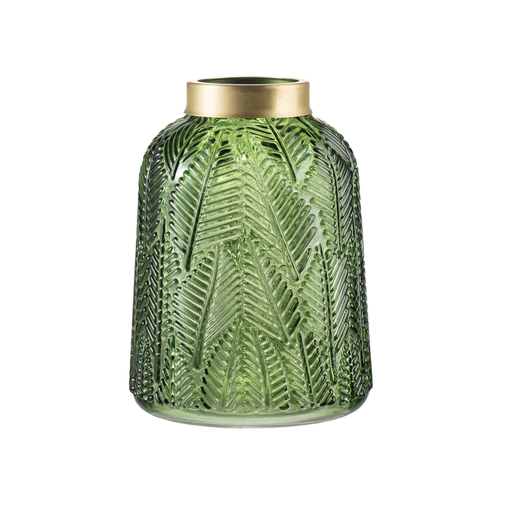 7 Inch Green Etched Leaf Glass Vase-1