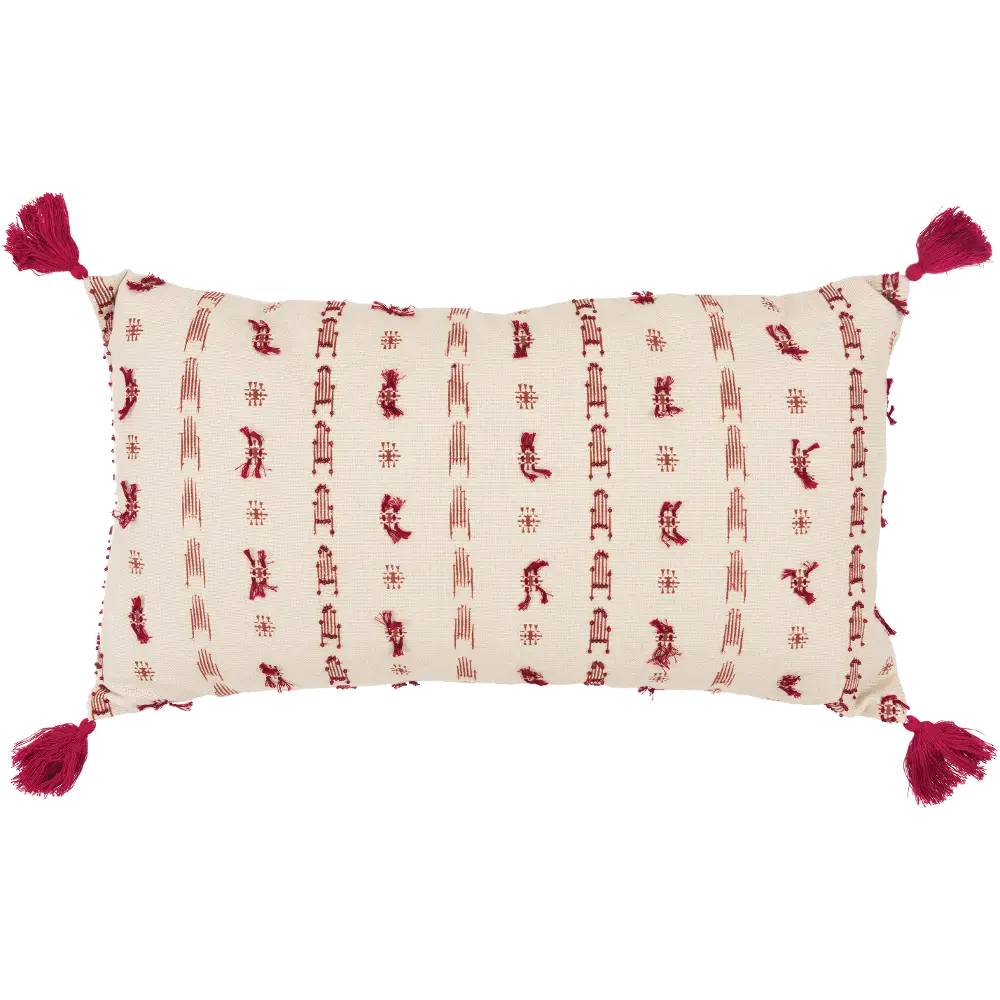 Natural and Red Cotton Throw Pillow with Tassels-1