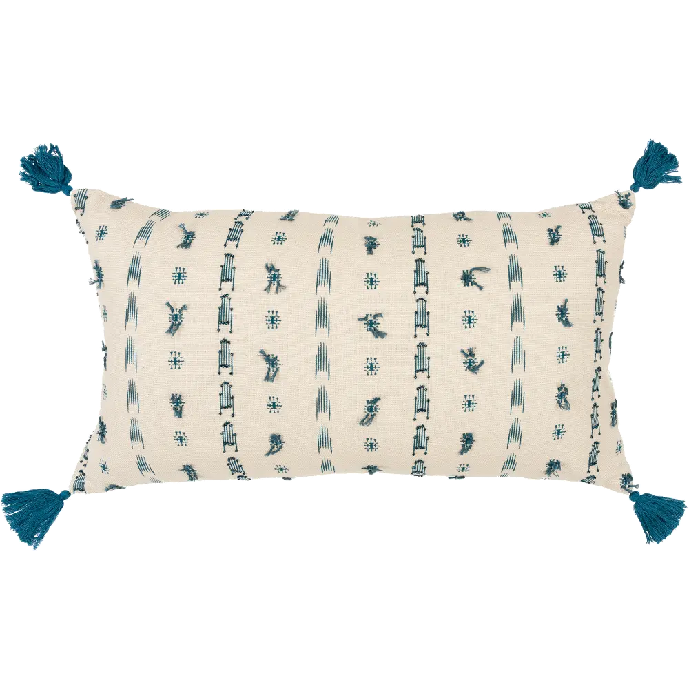 Natural and Teal Cotton Throw Pillow with Tassels-1