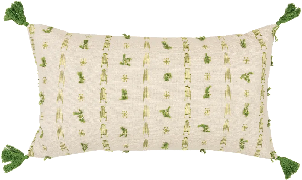 Natural and Green Cotton Throw Pillow with Tassels-1