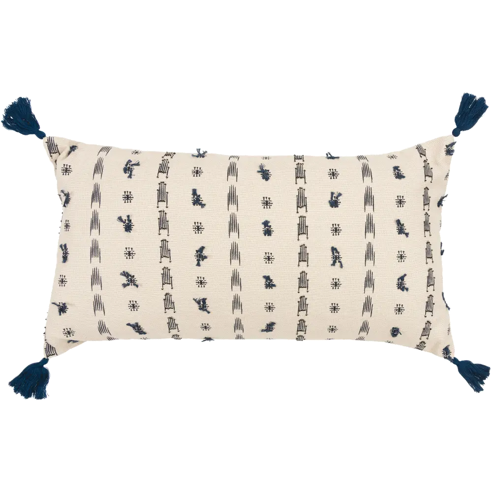 Natural and Blue Cotton Throw Pillow with Tassels-1