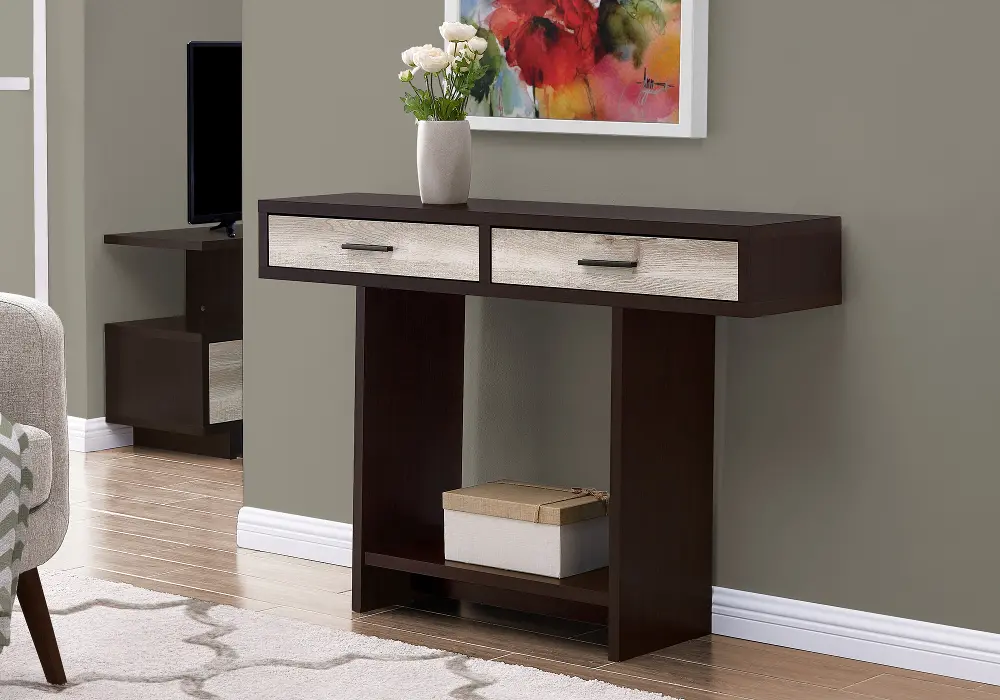 Modern Dark Brown and Taupe Accent Table with Drawers-1