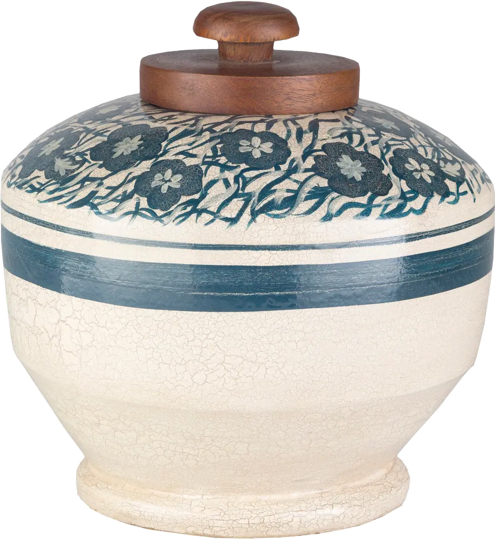 10 Inch Beige and Navy Blue Terracotta Jar with Wood Lid-1